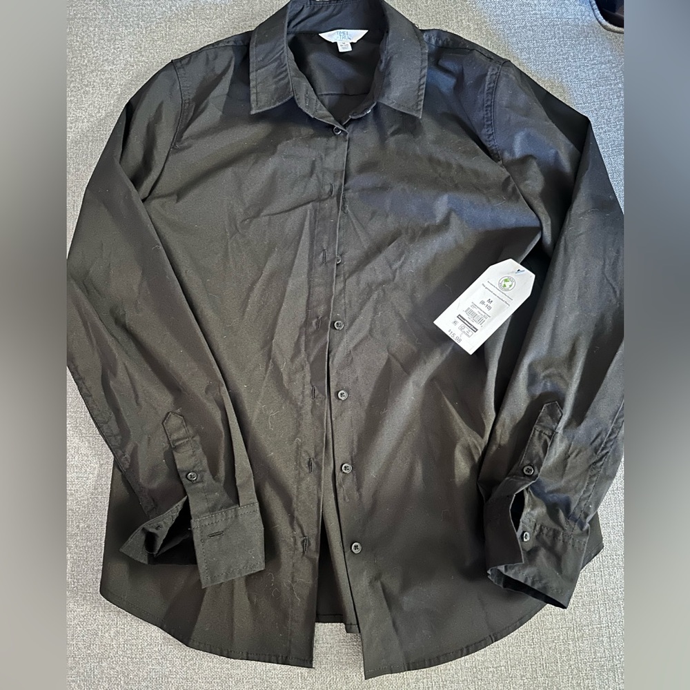 Time Tru Size M (8-10) Black Womens Collard Button Down Dress Shirt